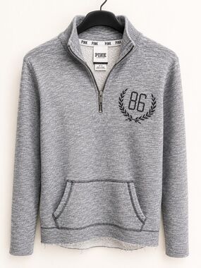 Victoria's Secret PINK Heather Gray 1/4 Zip Sweater with 86 Crest